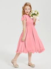 Chiffon Tea Length Junior Bridesmaid Dresses Flamingo