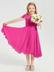 Chiffon Tea Length Junior Bridesmaid Dresses Fuchsia