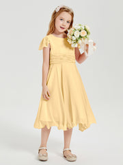 Chiffon Tea Length Junior Bridesmaid Dresses Gold