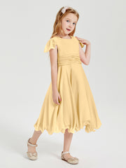 Chiffon Tea Length Junior Bridesmaid Dresses Gold