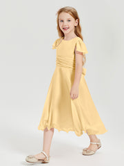 Chiffon Tea Length Junior Bridesmaid Dresses Gold