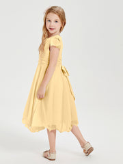 Chiffon Tea Length Junior Bridesmaid Dresses Gold