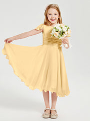 Chiffon Tea Length Junior Bridesmaid Dresses Gold