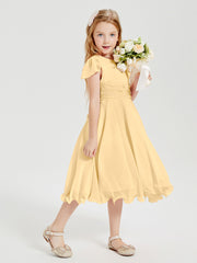 Chiffon Tea Length Junior Bridesmaid Dresses Gold