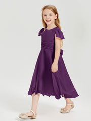 Chiffon Tea Length Junior Bridesmaid Dresses Grape
