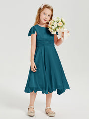 Chiffon Tea Length Junior Bridesmaid Dresses Ink Blue