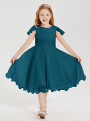 Chiffon Tea Length Junior Bridesmaid Dresses Ink Blue