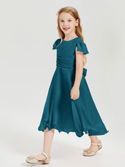 Chiffon Tea Length Junior Bridesmaid Dresses Ink Blue