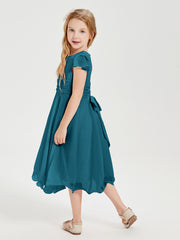 Chiffon Tea Length Junior Bridesmaid Dresses Ink Blue