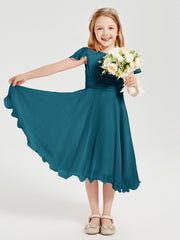 Chiffon Tea Length Junior Bridesmaid Dresses Ink Blue