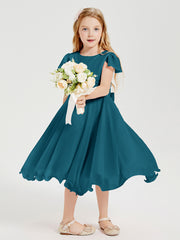Chiffon Tea Length Junior Bridesmaid Dresses Ink Blue
