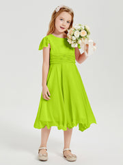 Chiffon Tea Length Junior Bridesmaid Dresses Lime Green