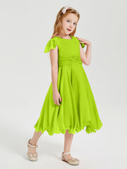 Chiffon Tea Length Junior Bridesmaid Dresses Lime Green