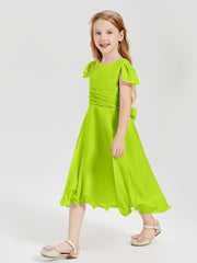 Chiffon Tea Length Junior Bridesmaid Dresses Lime Green