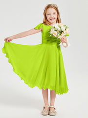 Chiffon Tea Length Junior Bridesmaid Dresses Lime Green