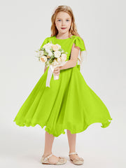 Chiffon Tea Length Junior Bridesmaid Dresses Lime Green