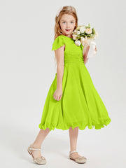 Chiffon Tea Length Junior Bridesmaid Dresses Lime Green