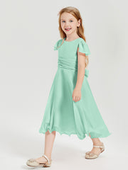 Chiffon Tea Length Junior Bridesmaid Dresses Mint Green