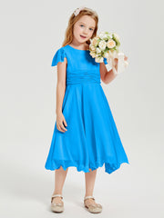 Chiffon Tea Length Junior Bridesmaid Dresses Ocean Blue