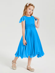 Chiffon Tea Length Junior Bridesmaid Dresses Ocean Blue