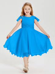 Chiffon Tea Length Junior Bridesmaid Dresses Ocean Blue
