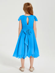 Chiffon Tea Length Junior Bridesmaid Dresses Ocean Blue