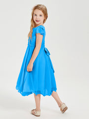 Chiffon Tea Length Junior Bridesmaid Dresses Ocean Blue