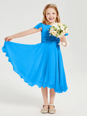 Chiffon Tea Length Junior Bridesmaid Dresses Ocean Blue