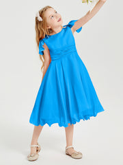 Chiffon Tea Length Junior Bridesmaid Dresses Ocean Blue