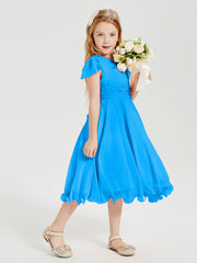 Chiffon Tea Length Junior Bridesmaid Dresses Ocean Blue