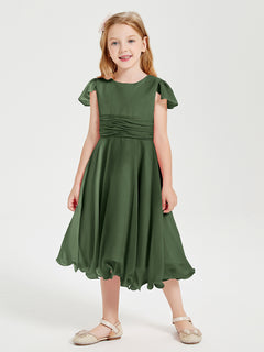 Chiffon Tea Length Junior Bridesmaid Dresses Olive Green