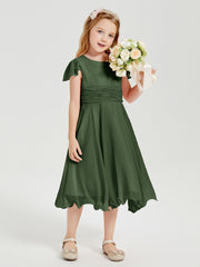 Chiffon Tea Length Junior Bridesmaid Dresses Olive Green
