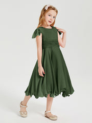 Chiffon Tea Length Junior Bridesmaid Dresses Olive Green
