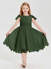 Chiffon Tea Length Junior Bridesmaid Dresses Olive Green