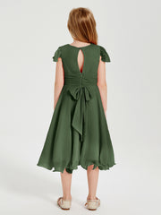 Chiffon Tea Length Junior Bridesmaid Dresses Olive Green