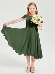 Chiffon Tea Length Junior Bridesmaid Dresses Olive Green