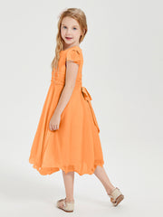 Chiffon Tea Length Junior Bridesmaid Dresses Orange