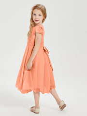 Chiffon Tea Length Junior Bridesmaid Dresses Papaya