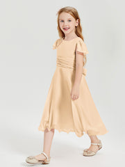 Chiffon Tea Length Junior Bridesmaid Dresses Peach