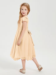 Chiffon Tea Length Junior Bridesmaid Dresses Peach