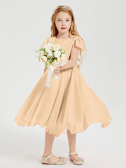 Chiffon Tea Length Junior Bridesmaid Dresses Peach