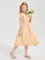 Chiffon Tea Length Junior Bridesmaid Dresses Peach