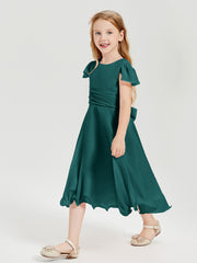 Chiffon Tea Length Junior Bridesmaid Dresses Peacock