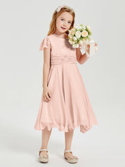 Chiffon Tea Length Junior Bridesmaid Dresses Pearl Pink