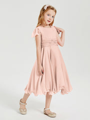 Chiffon Tea Length Junior Bridesmaid Dresses Pearl Pink
