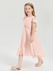 Chiffon Tea Length Junior Bridesmaid Dresses Pearl Pink