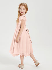 Chiffon Tea Length Junior Bridesmaid Dresses Pearl Pink