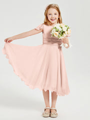 Chiffon Tea Length Junior Bridesmaid Dresses Pearl Pink