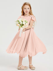 Chiffon Tea Length Junior Bridesmaid Dresses Pearl Pink
