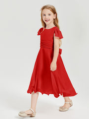 Chiffon Tea Length Junior Bridesmaid Dresses Red